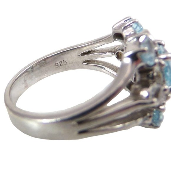 Boho Sterling Silver Blue White Topaz Cluster Flower Ring Size 10 - Picture 5 of 6